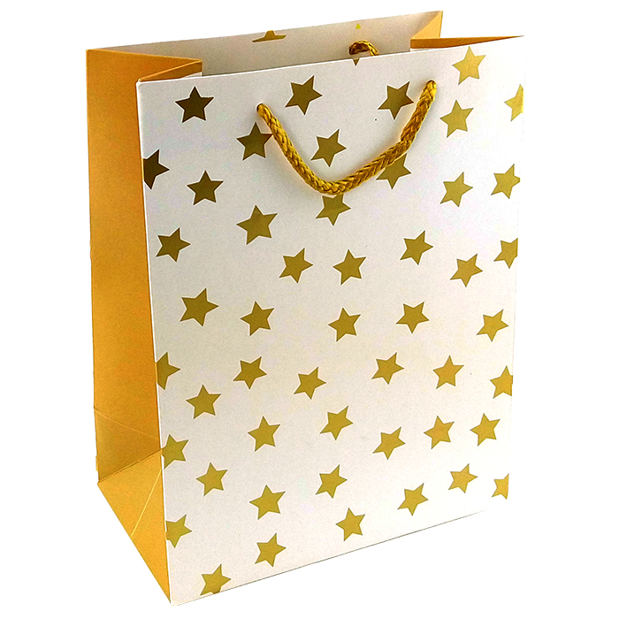 Пакет подарочный "Золотые звезды на белом" Тиснение фольгой